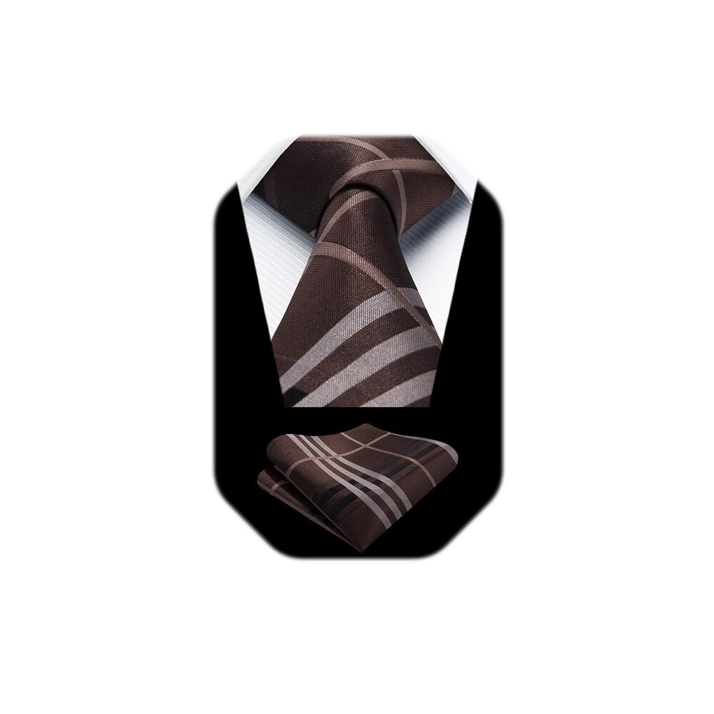 1368 Ties - Brown Striped Tie Plaid Necktie & Handkerchief Set Wedding &